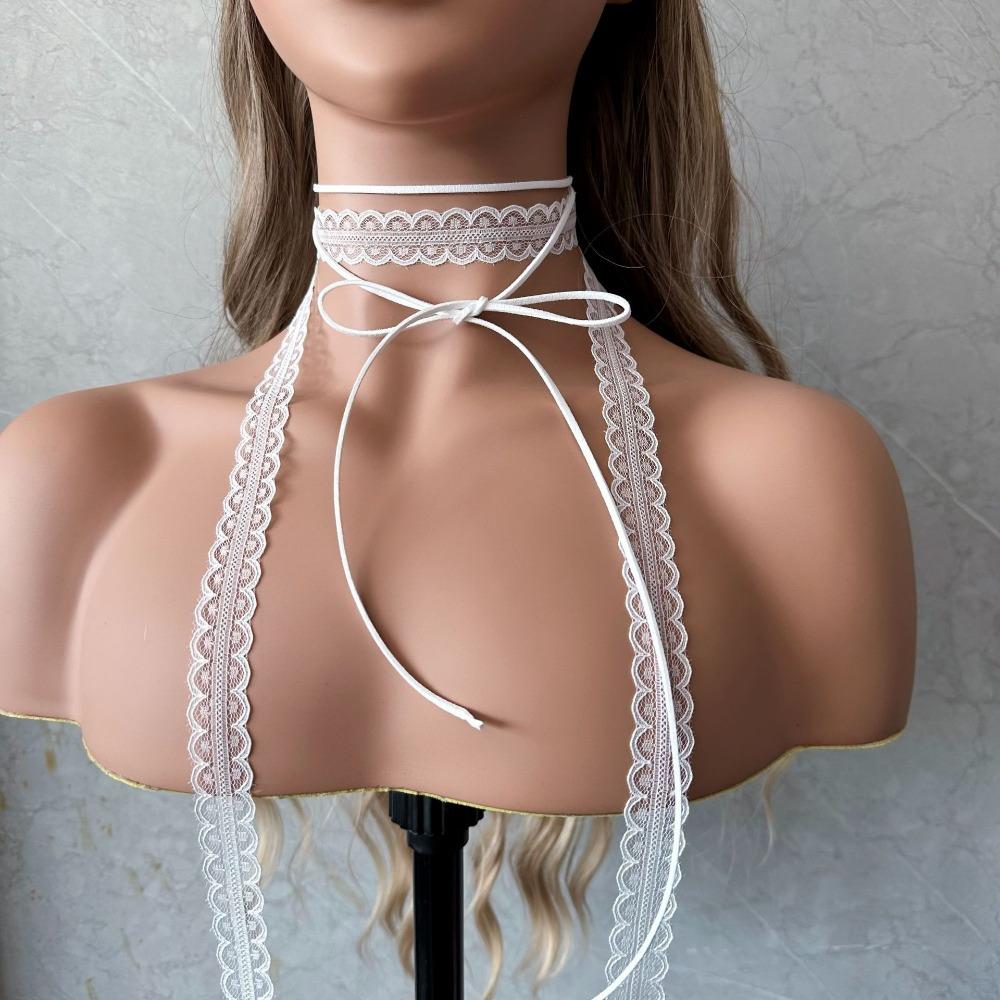 

Lace Layered Collarbone Necklace, Sweet Versatile Floating Ribbon Scarf Design, Fashion Elegant Jewelry for Women білий