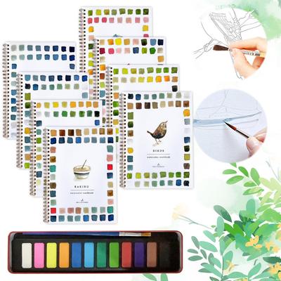 Watercolor Painting Kit with Paint Brushes and 12 Colors of Paint Spiral-Bound Pages Water Coloring Books Art Draw Sketch Books