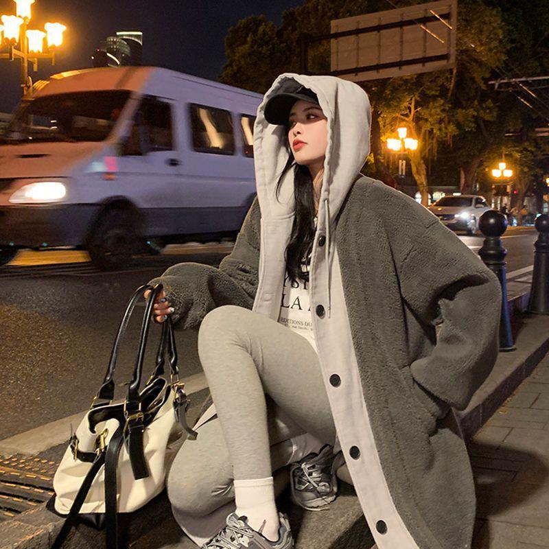 Chic Korean 2025 Autumn/Winter Long Hooded Lambswool Skirt Jacket