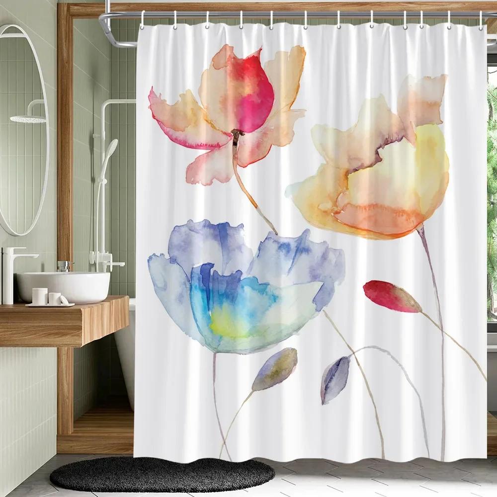 

Plant Leaves Flower Shower Curtains Set Garden Floral Drum Tower Fabric Bathroom Decor Splash Resistant Partition Bath Curtain 90x180cm