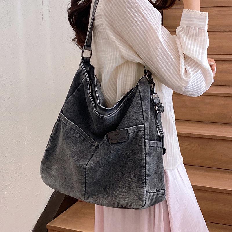 Vintage Denim Shoulder Bag Women's Large Capacity Messenger Bag Multi-pockets Satchel Adjustable Strap Ladies Crossbody Bag AVE