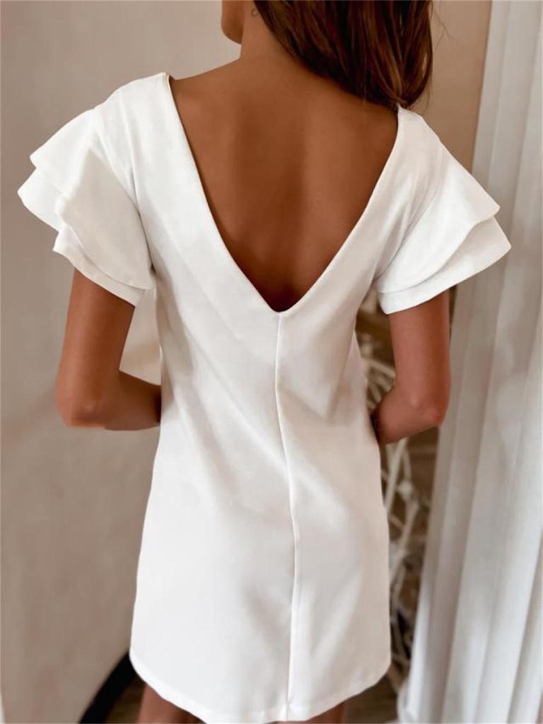 2022 Summer Round Neck Short Sleeve Backless Ruffle A-line Dress