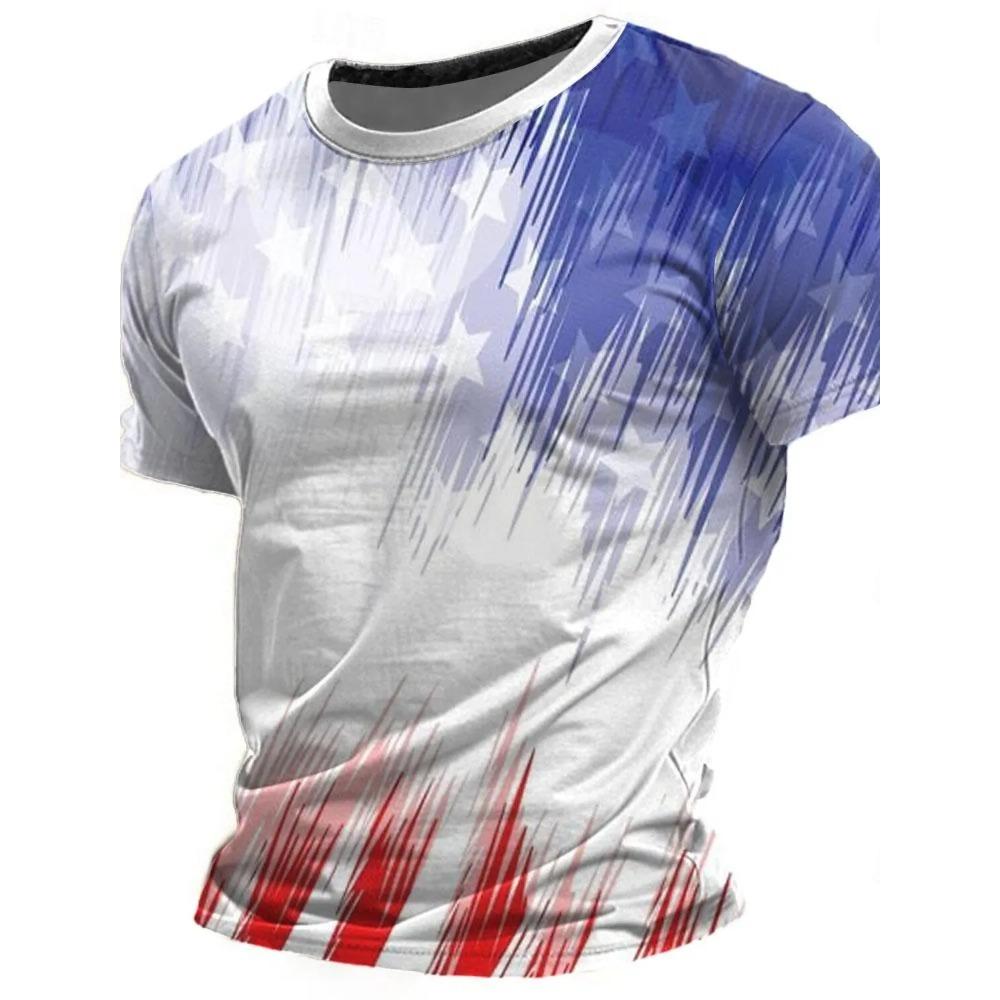Summer Men's Short Holiday T-shirt Trendy Breathable Top Outdoor Patriotic Soft Round Neck Polyester Top
