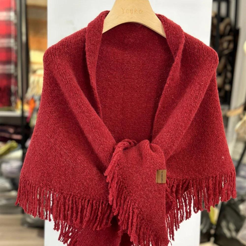 High Quality Winter Triangle Shawl Versatile Tassel Knitted Shawl Wraps Thickned Cold Proof Blanket Scarf for Women
