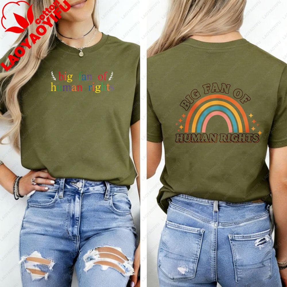Big Fan of HuUnisex Rights Graphic TShirt Retro Rainbow Print On Front Back Crew Neck Short Sleeve Tee for Unisex Unisex Tops