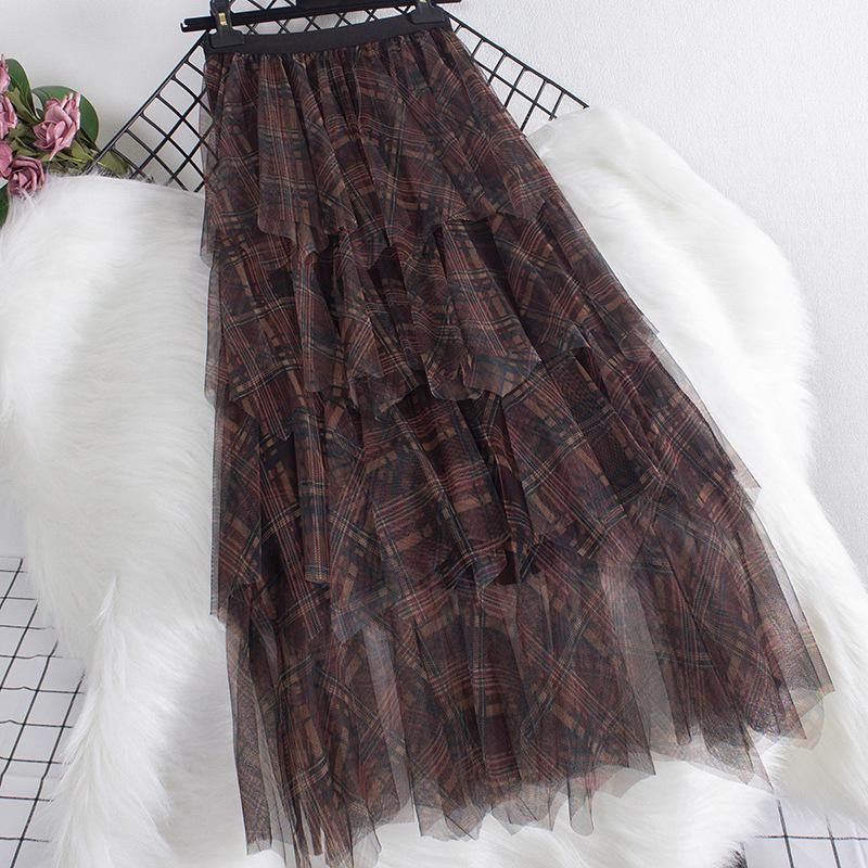 Color-Block Plaid Multi-Layer Mesh Skirt - Women's High-Waisted Midi Skirt for Autumn/Winter