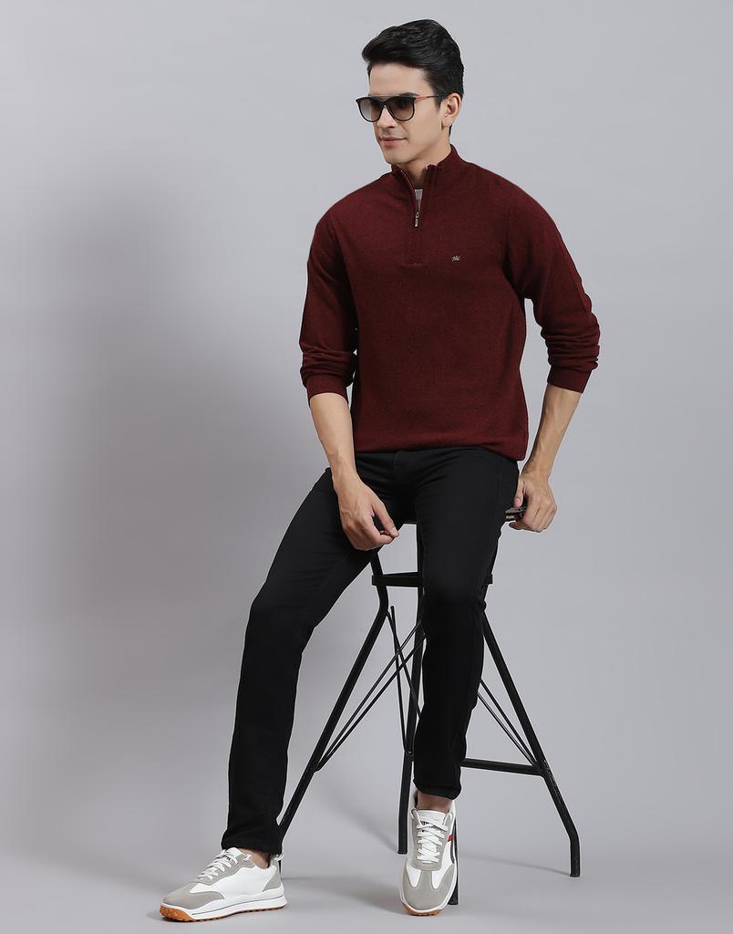 MONTE CARLO Mens Maroon Solid Stand Collar Sweater
