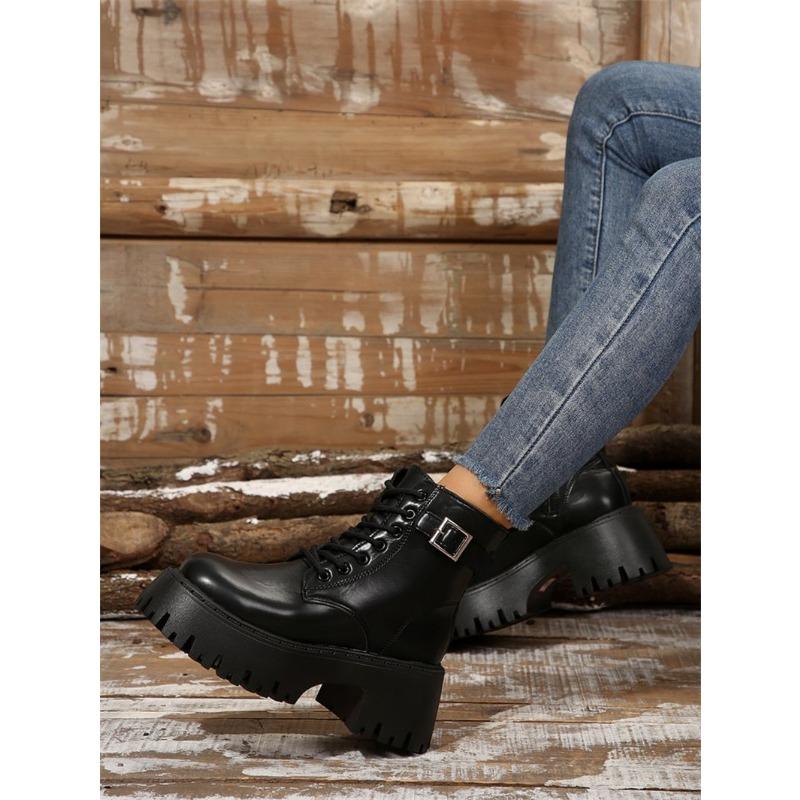 Plus Size 25 Autumn New Lace-up Round Toe Buckle with Platform Short Sore Women's British Style Fashion Trend Martin Boots