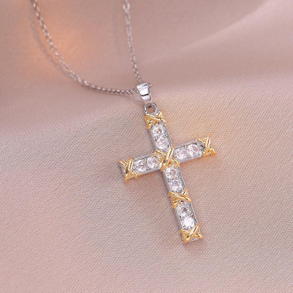 Damen Bunte Zirkon Kreuz Halskette - Nischendesign mit Voll-Diamant-Anhänger an Edelstahlkette