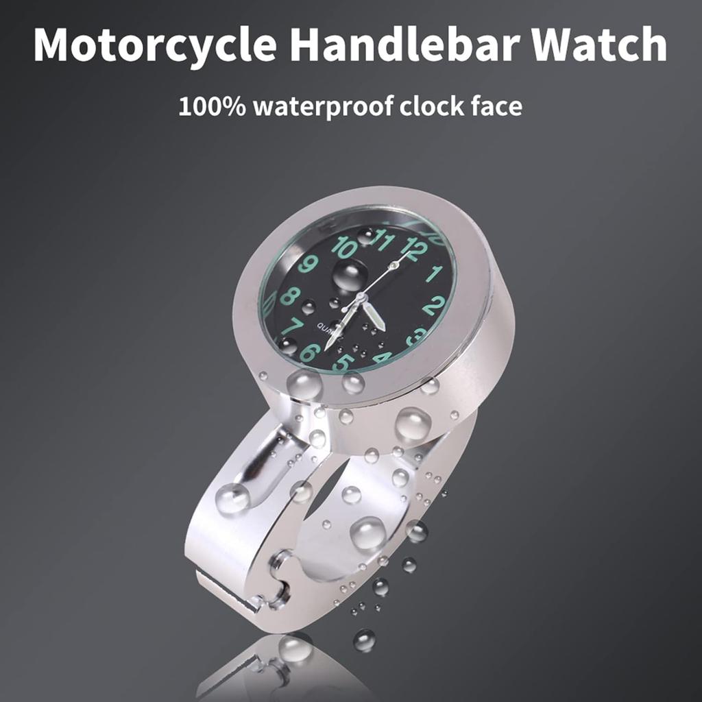 7/8 to 1 Motorcycle Handlebar Clock, Silver Waterproof Handlebar Glow Mount Clock Watch for Motorcycle, Cruiser, Chopper, Custom Bikes