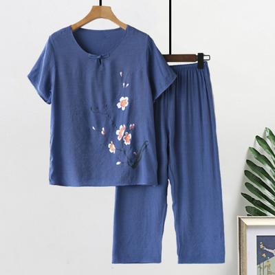Cotton Linen Two Piece Outfit for Elderly Women Loose Floral Short Sleeve Crewneck Top And Wide Leg Pants Set Casual Lounge Homewear