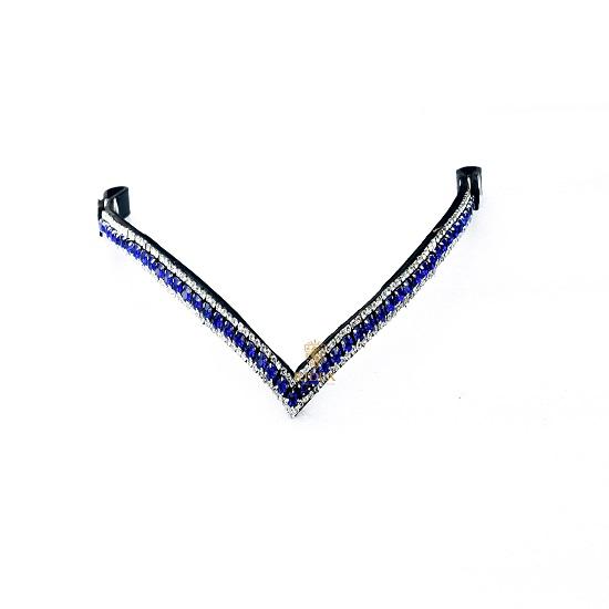 Granatowy/Biały 3-rzędowy kryształowy naczółek w kształcie litery V zapinany na zatrzask dla konia Dostępne wszystkie rozmiary