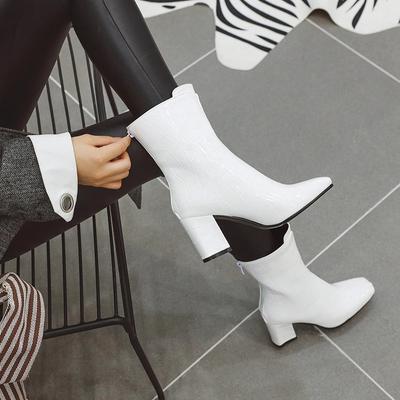 Mode 2025Neue Damen Stiefeletten Damen Reißverschluss Herbst Winter PU Leder Eckige Zehenpartie Damen Chelsea Boots Hohe Absätze Stiefeletten Weiß Rot Schwarz