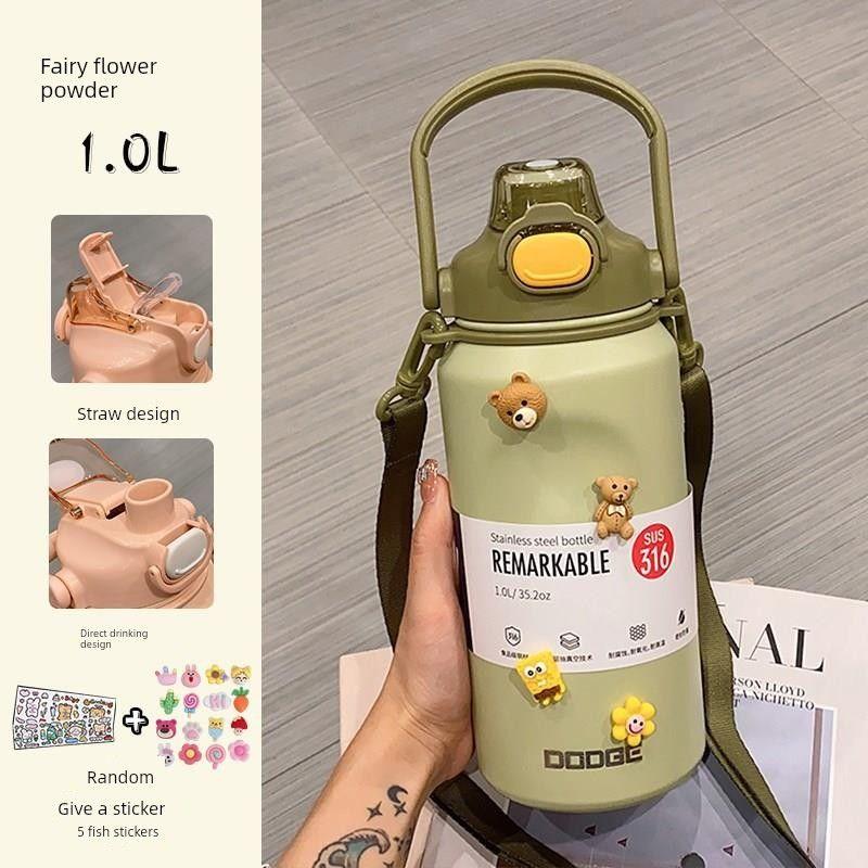 Japanese Large-Capacity Thermos Cup for Women, 316 Stainless Steel, Big Belly Straw Cup, High Aesthetic Children's Water Bottle for Men