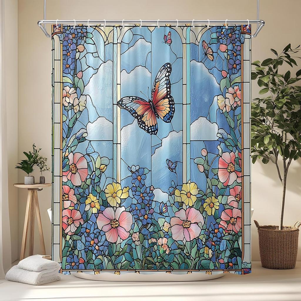 Rustic Floral Butterfly Shower Curtain Abstract Stained Glass Boho Wildflower Blue Window Fantasy Castle Romantic Elegant