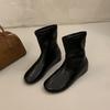 Medium leather boots flat bottom round head elastic winter new super soft thin boots inner height increase high boots look thin