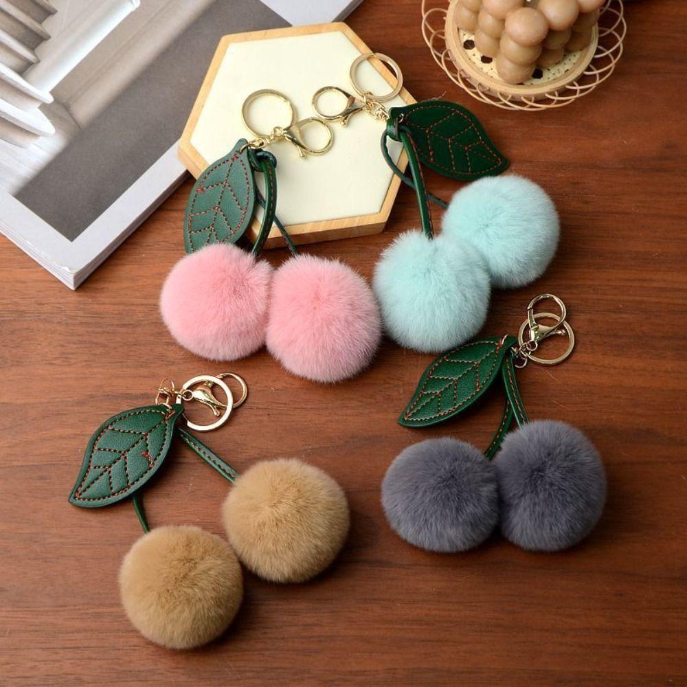 Multi-color Cherry Keychain Bag Pendant Fur Ball Keychain Fashion Pompom Ball Keyring  Women Gift