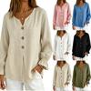 Women Button Long Sleeve Linen Cotton Blouse Casual Loose Fit Lightweight Breathable Top with Elastic Cuffs and Front Button Closure