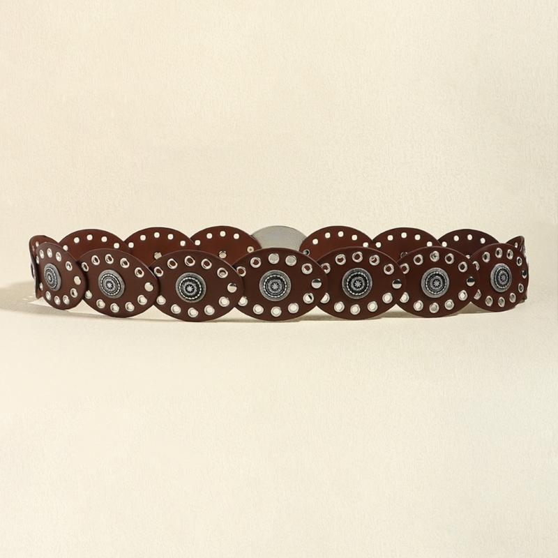 Oval Eyelets Belt for Women Bohemian Style Waist Belt Hollowed Out Wide Belt for Teens Girls Female Western Cowboy Belt