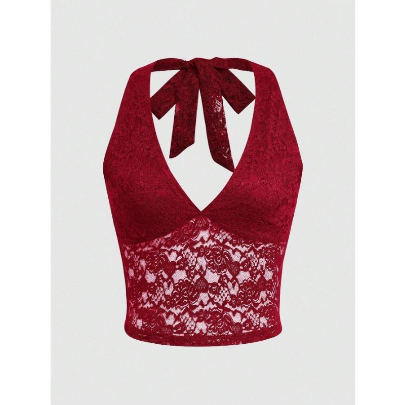 Women Sexy Hollow Out Lace Halter Neck Slim Fit Cropped Top