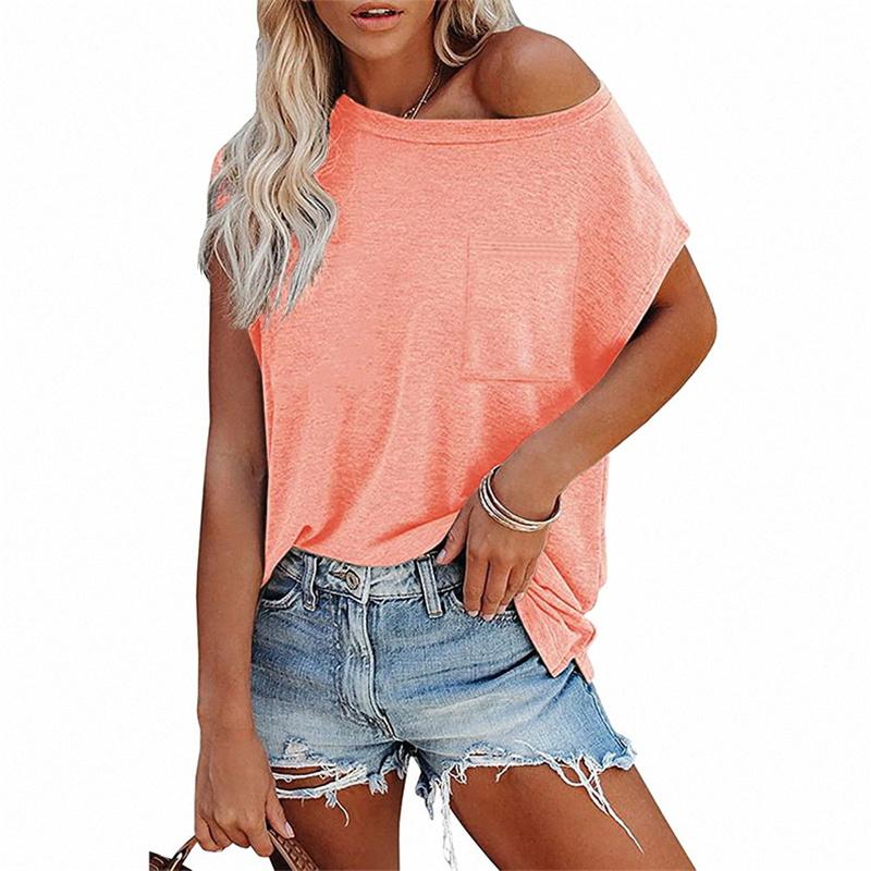 Sommer Damen Oberteil Einfarbig Tasche Schulterfrei Rundhalsausschnitt Kurzarm T-Shirt