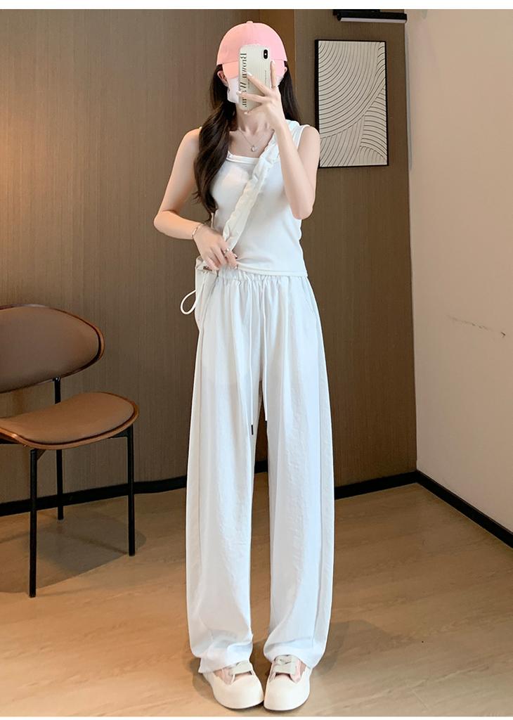 Women's High Waist Wide Leg Pants Trousers Summer Casual Japanese Korean Style Drawstring Pocket Ice Silk Textured Drape Long Trousers