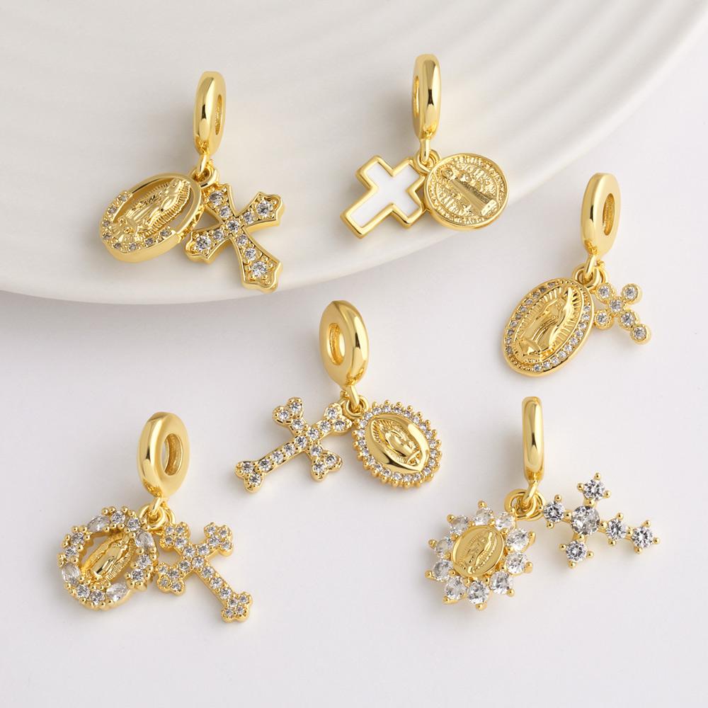 OCESRIO White Crystal Cross Virgin Mary Pendant for Necklace Copper Gold Plated Enamel Crucifix Jewelry Making Supplies pdtb712