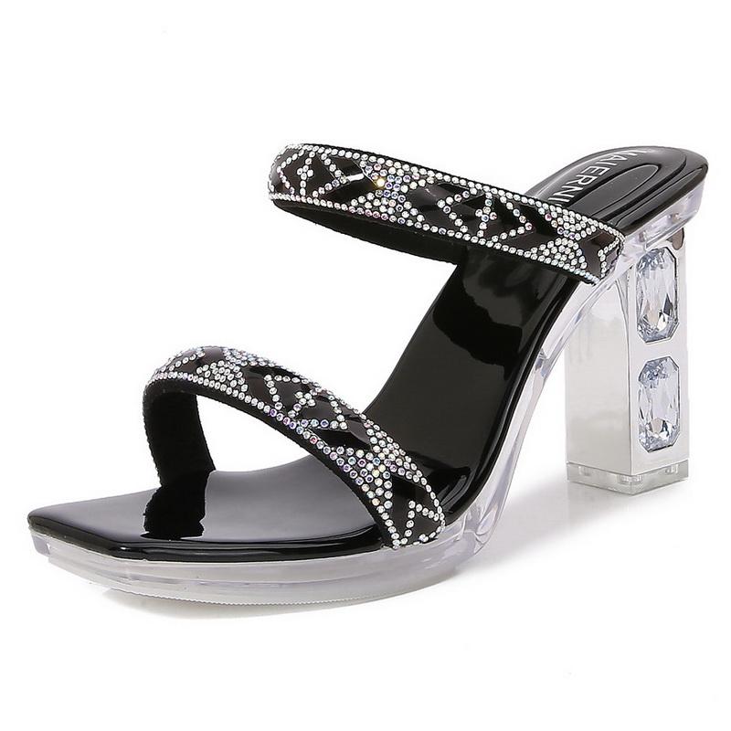 Damen Strass-High-Heel-Sandalen Quadratische Zehenpartie Dicker Absatz Mules für Büro Nachtclub Party Kneipe Bankett Hochzeit Anziehen