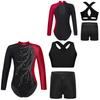 Girls Dance Outfit Set Mock Neck Long Sleeve Keyhole Back Color Block Design Leotard with Vest Shorts