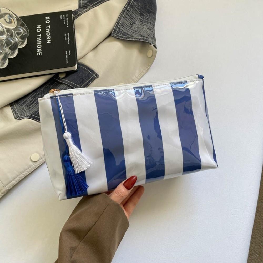 Waterproof Striped Cosmetic Bag Polyester Lining Large Capacity PVC Toiletry Bag Tassel Pendant Contrasting Color