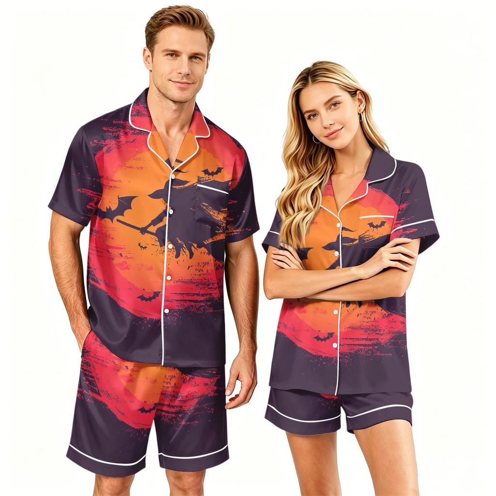Couples Halloween Pajama Set Short Sleeve Button Down Shirt and Shorts Pajamas Soft Casual Sleepwear S To XXXXL Matching Loungewear