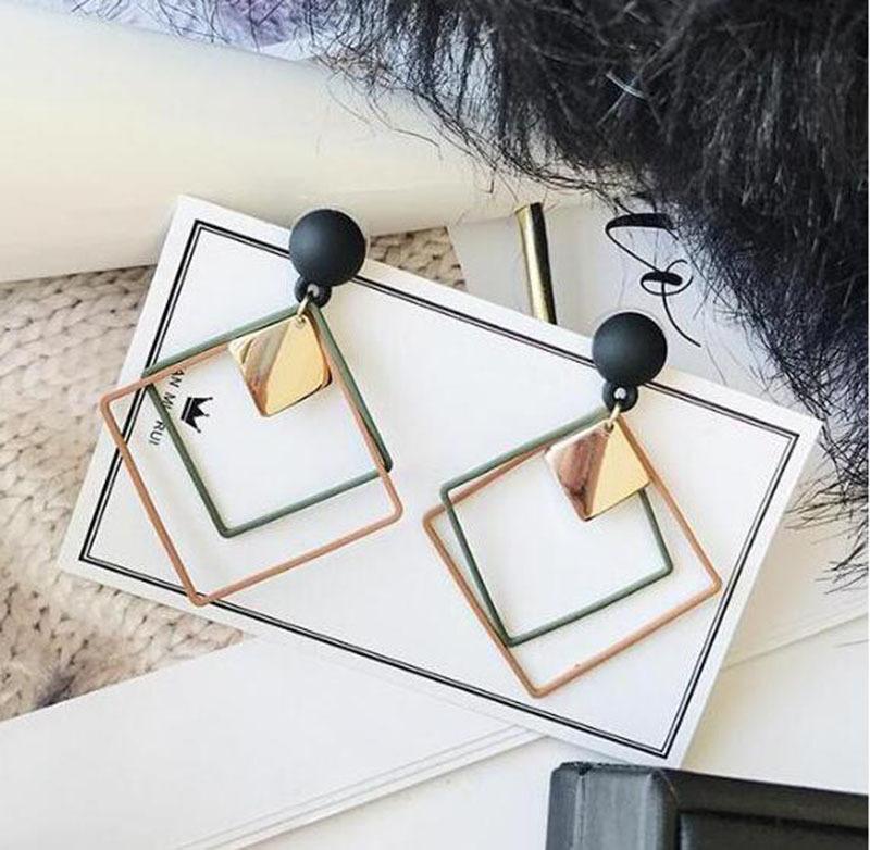 Geometric Stud Earrings with Hollow Design in Green and Versatile Fashion Jewelry