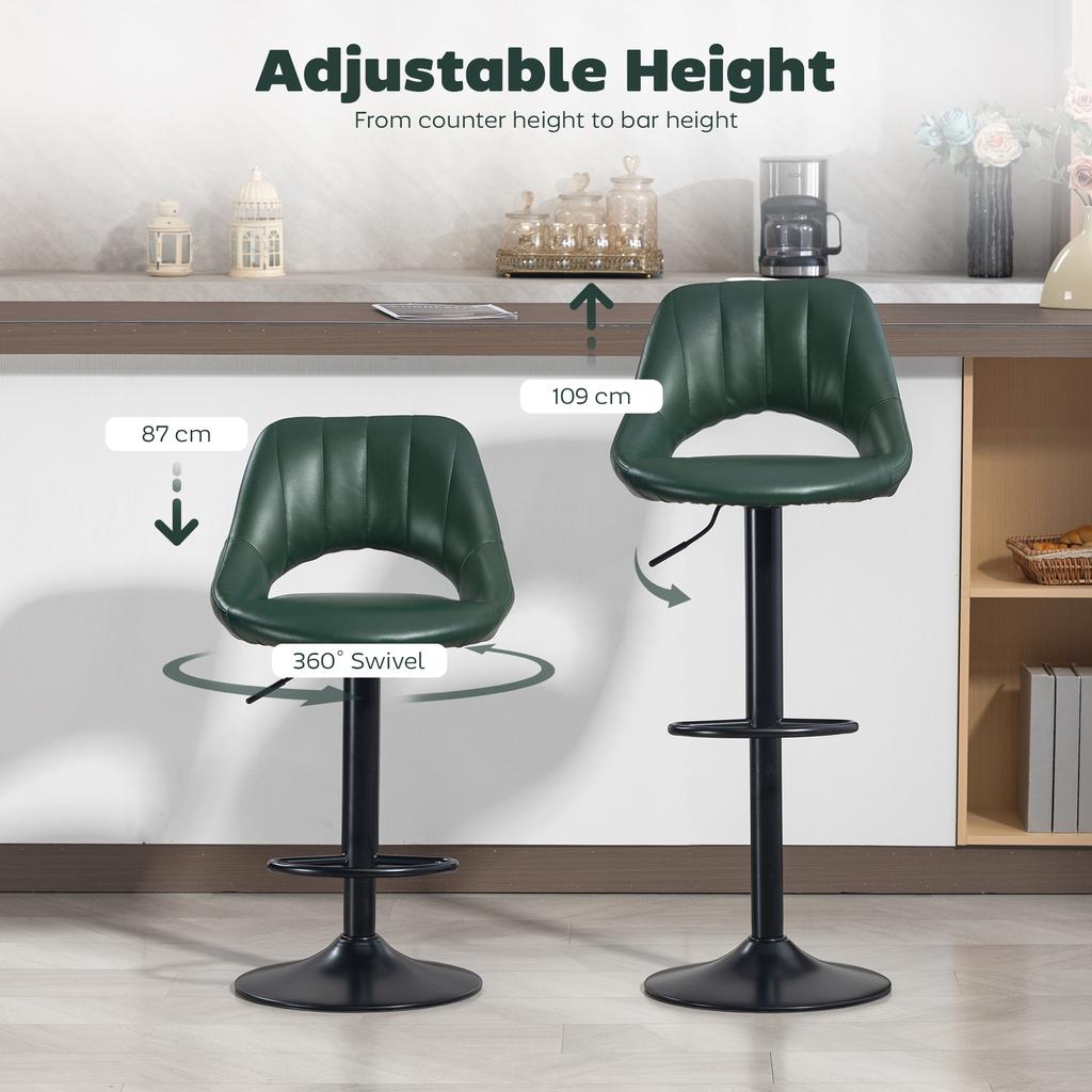 Set of Two Faux Leather Bar Stools - Dark Green