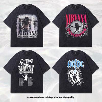 Camiseta Lavada Oversize Vintage con Estampado de Banda para Hombre TKPA