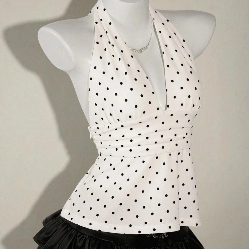 Pleated Lace-up Dots Camisole Sleeveless Halter Ruffle Vest Backless Hanging Neck Top  Club