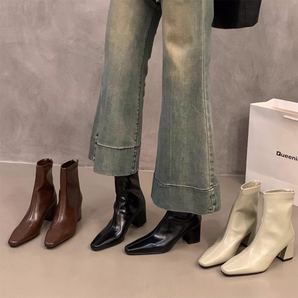 High Heel Square Head Brown Martin Boots Women's Shoes 2025 New Spring and Autumn Single Boots with Skirt French Small Bare Boots Short Boots