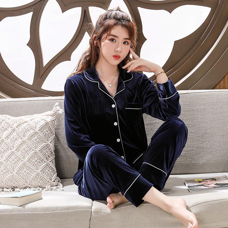 Pijamale de cuplu din catifea aurie - Set cardigan cu mânecă lungă de toamnă/iarnă pentru femei, Modă coreeană, Haine de casă casual