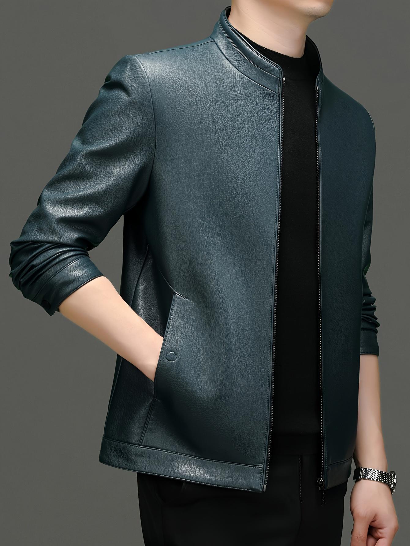 

Мужская однотонная куртка из искусственной кожи с карманами, повседневная верхняя одежда с воротником-стойкой и застежкой-молнией, с длинным рукавом - для активного отдыха - для мужчин - искусственная кожа XXXXL озеро синий