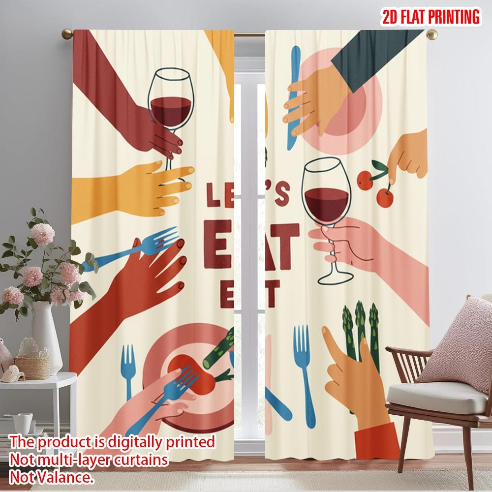 2pcs 2D flat printing Window Treatment Curtains LET'S EAT PEOPLE FOOD Polyester Fabric Without Electricity Festive Holiday Use
