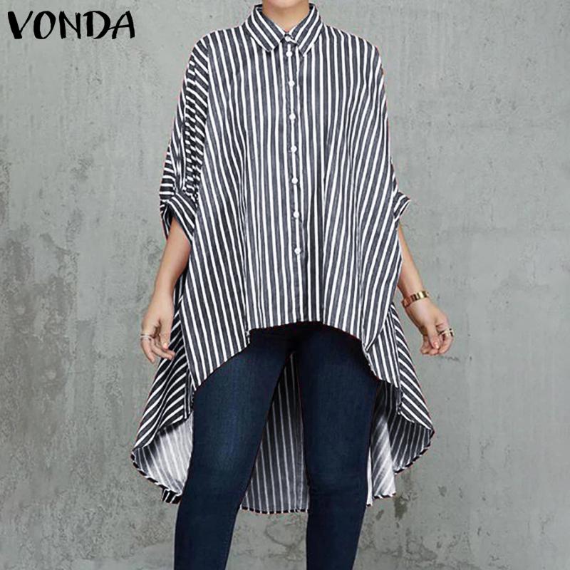 VONDA Women Autumn Shirt Collar 3/4 Sleeve Striped Shirts