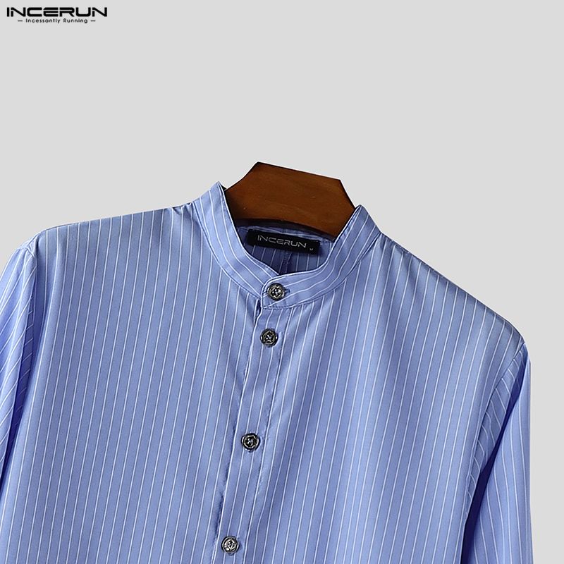 INCERUN Oversized Men Stand Collar Puff Sleeve Striped Print Buttons High Splits Long Shirts