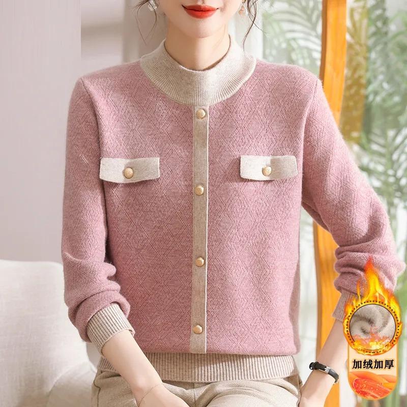 

Mom Sweater Autumn Winter New Fashionable Plus Velvet Thickened Middle-aged Elderly Women s Noble Warm Tops M розовый