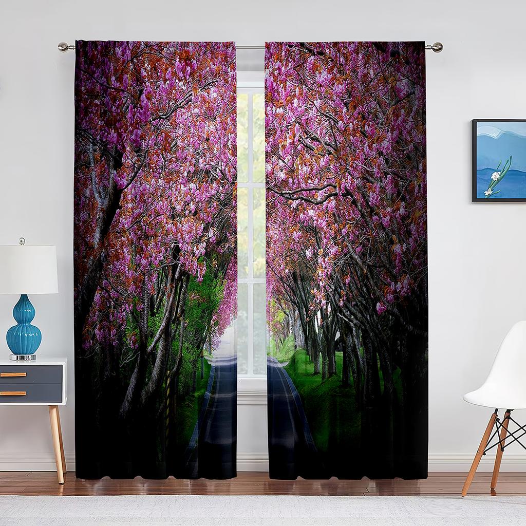 Pink Flowers Cherry Blossoms Park Spring Floral Trees Road Tulle Curtains for Living Room Chiffon Sheer Kitchen Bedroom Curtain
