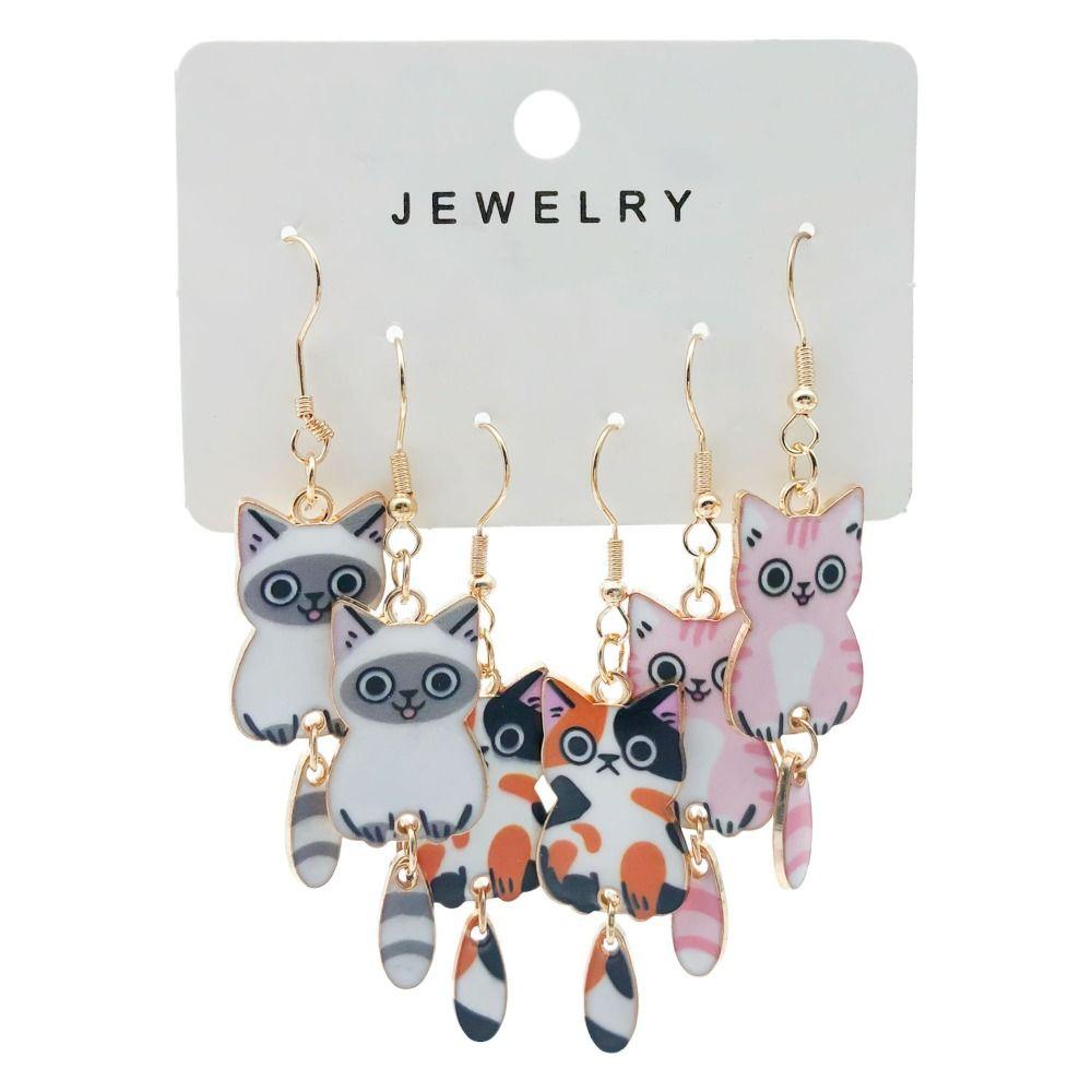 Enamel Zinc Zinc Alloy Cat Dangle Earrings Hanging Tail Cartoon Animal Earrings 3D Cat Earrings  Women Girls