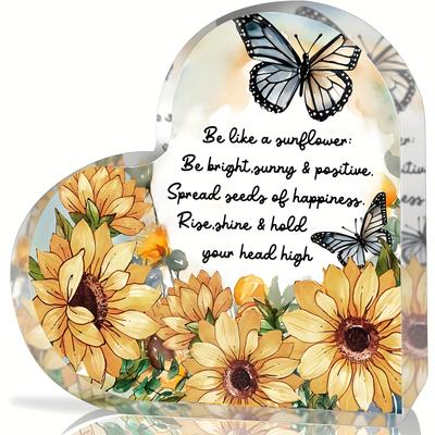 Vintage Acrylic Sign, 1pc Acrylic Heart-Shaped Sunflower Decorative Accessory with Inspirational Quote, 2D Flat Design, English Language 