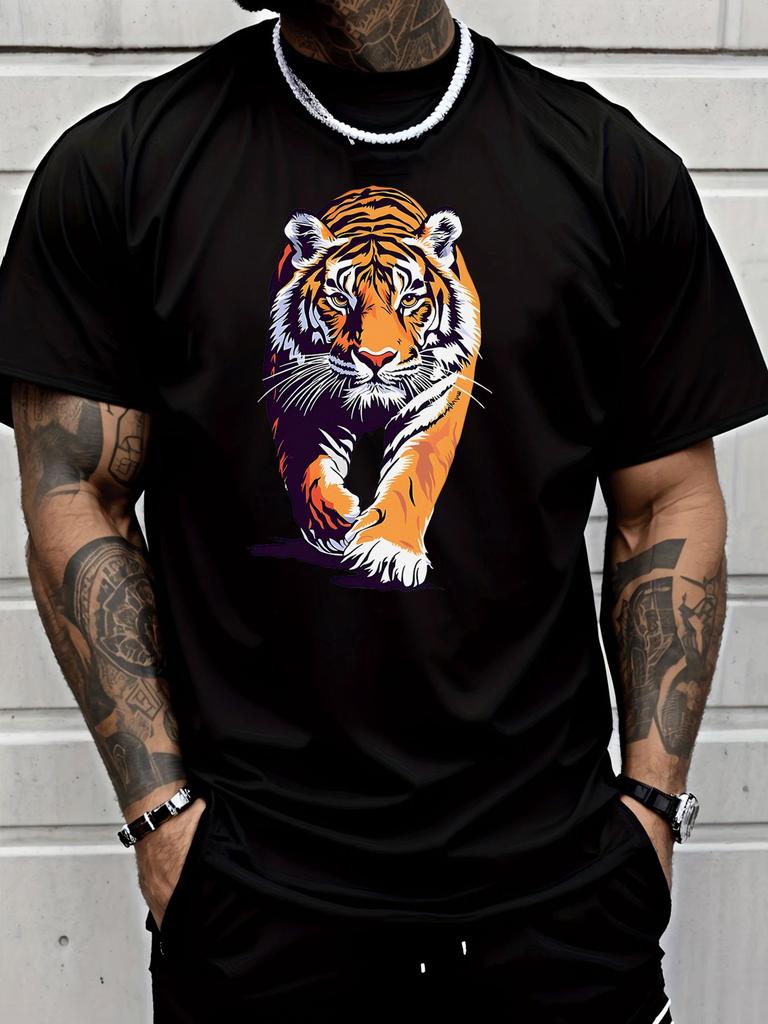 Walking Bold Tiger Modern Art Animal Graphic Unisexs Cotton Crew Neck Tee Short Sleeve Loose Casual Daily Street Male Wear Top