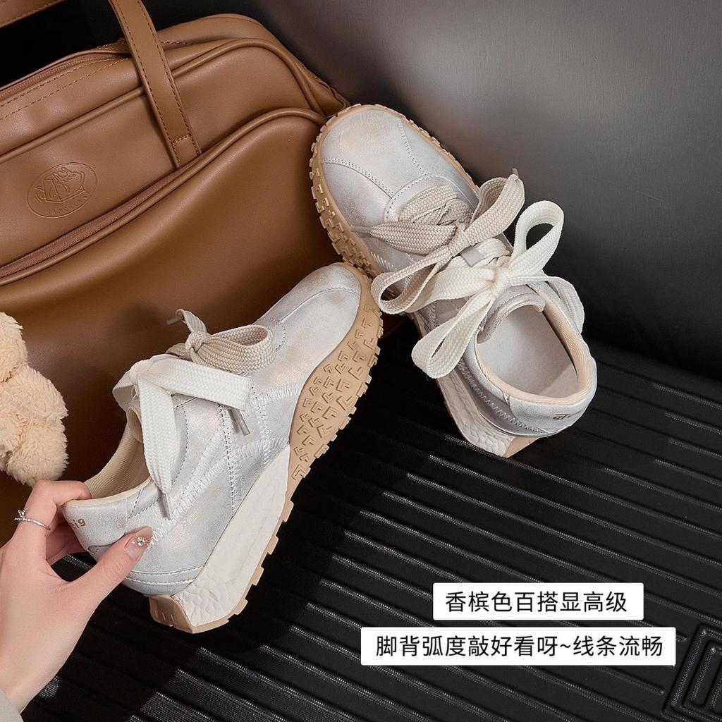 7CM Inner Height Increase Soft Leather German Training Shoes Small Thick-soled Casual Versatile Forrest Gump Shoes Pair of Shoelaces Sports Dad Shoes