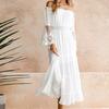 Vacation Dress Lace Crochet Off Shoulder Women Double Layers Horn Sleeve Flared White Long for Elegant