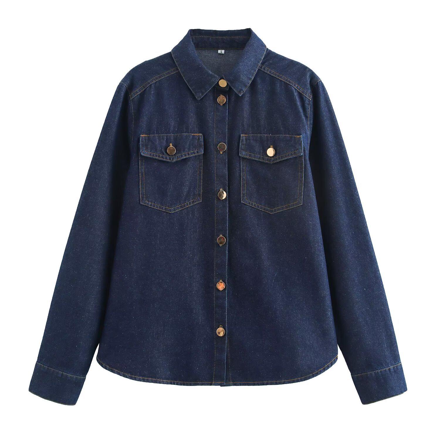 

2024 Autumn/Winter Women s Versatile Soft Long-Sleeve Lapel Denim Shirt - European & American Style Extra Small