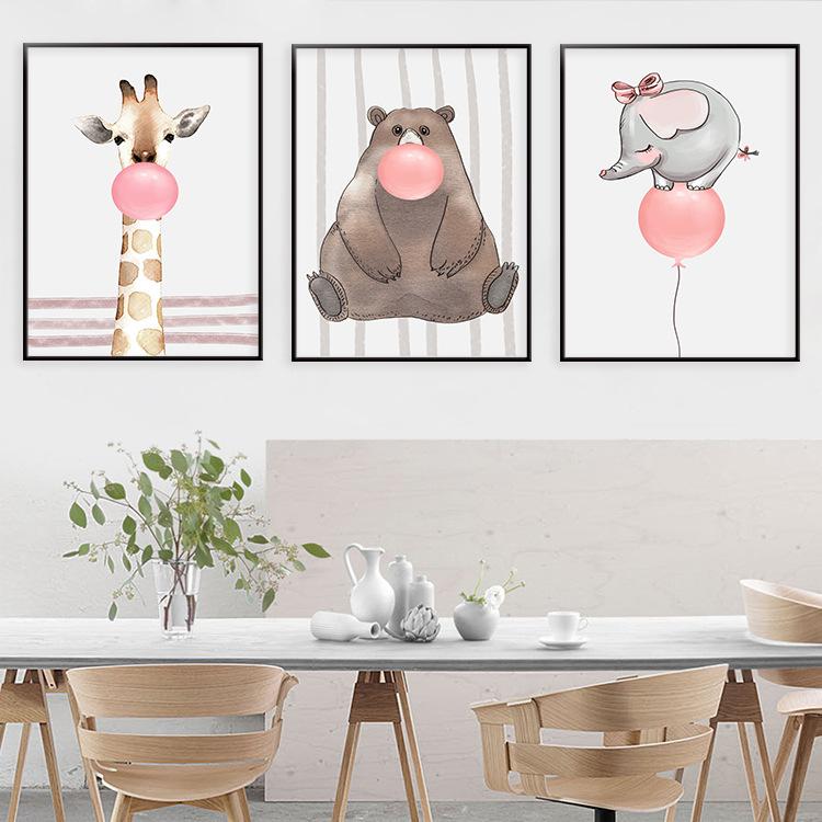 Cartoon Animal Pink Balloon Giraffe Elephant Decorative Painting Simple Home Porch Living Room Painting Canvas Painting Oil